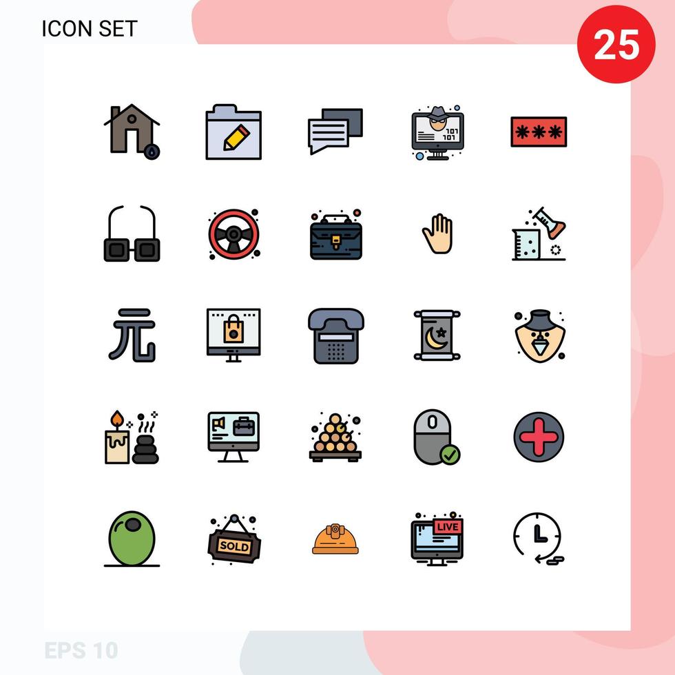 mobil gränssnitt fylld linje platt Färg uppsättning av 25 piktogram av kodnyckel koda chatt virus hacker redigerbar vektor design element