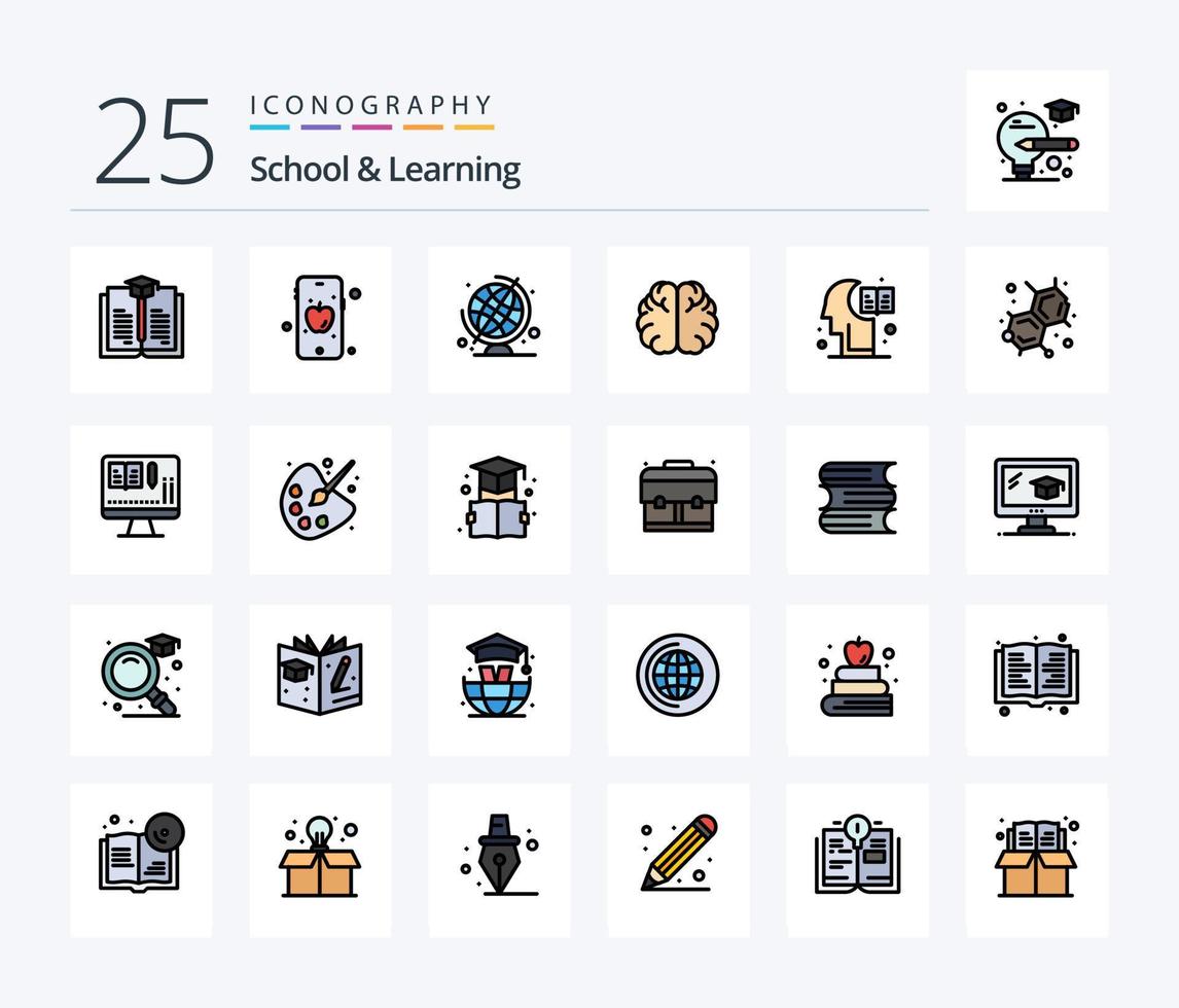 Schule und Lernen 25 Zeilen gefülltes Icon Pack inklusive Buch. Labor. Globus. Bildung. Wissen vektor