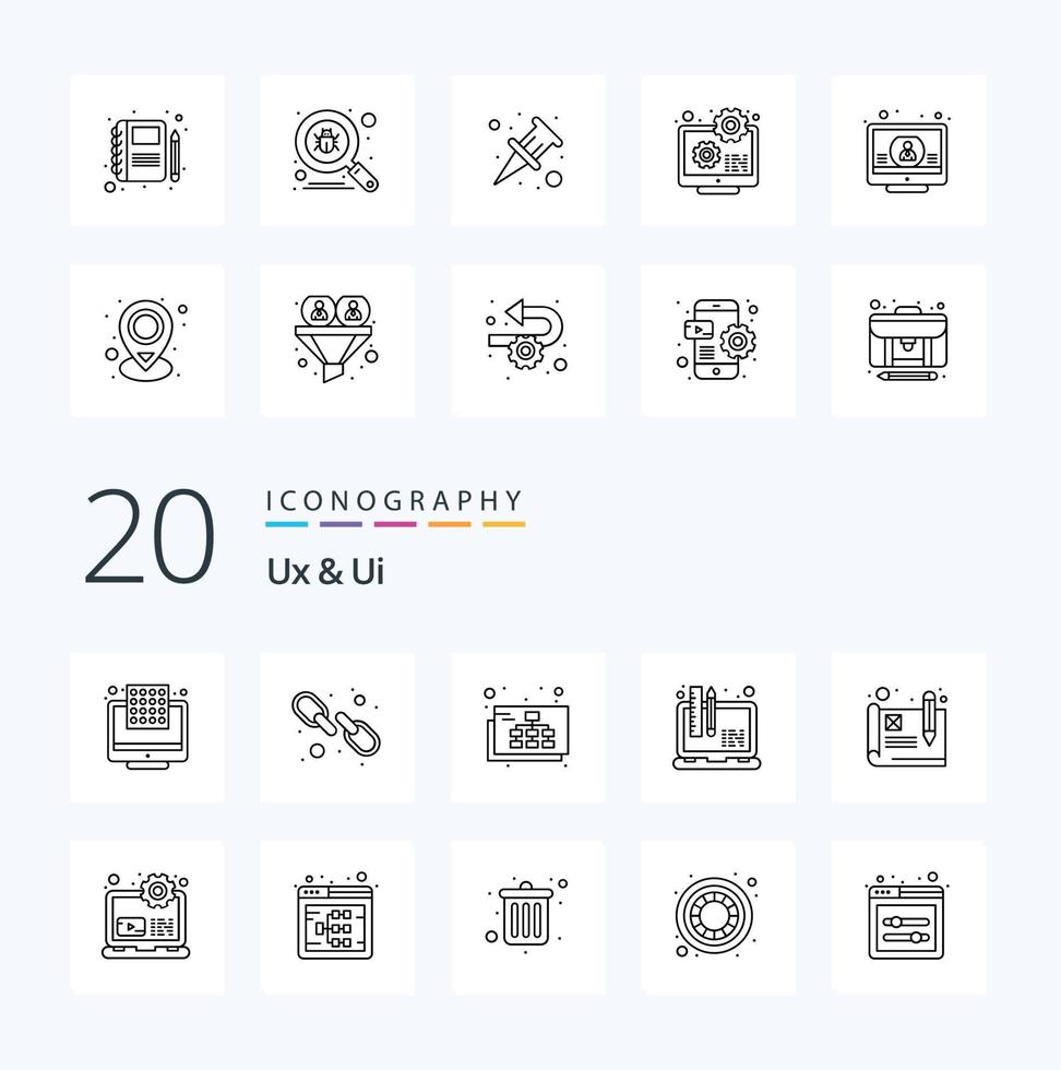 20 UX- und UI-Line-Icon-Pack wie Usability-Laptop-Karten-Webdesign vektor