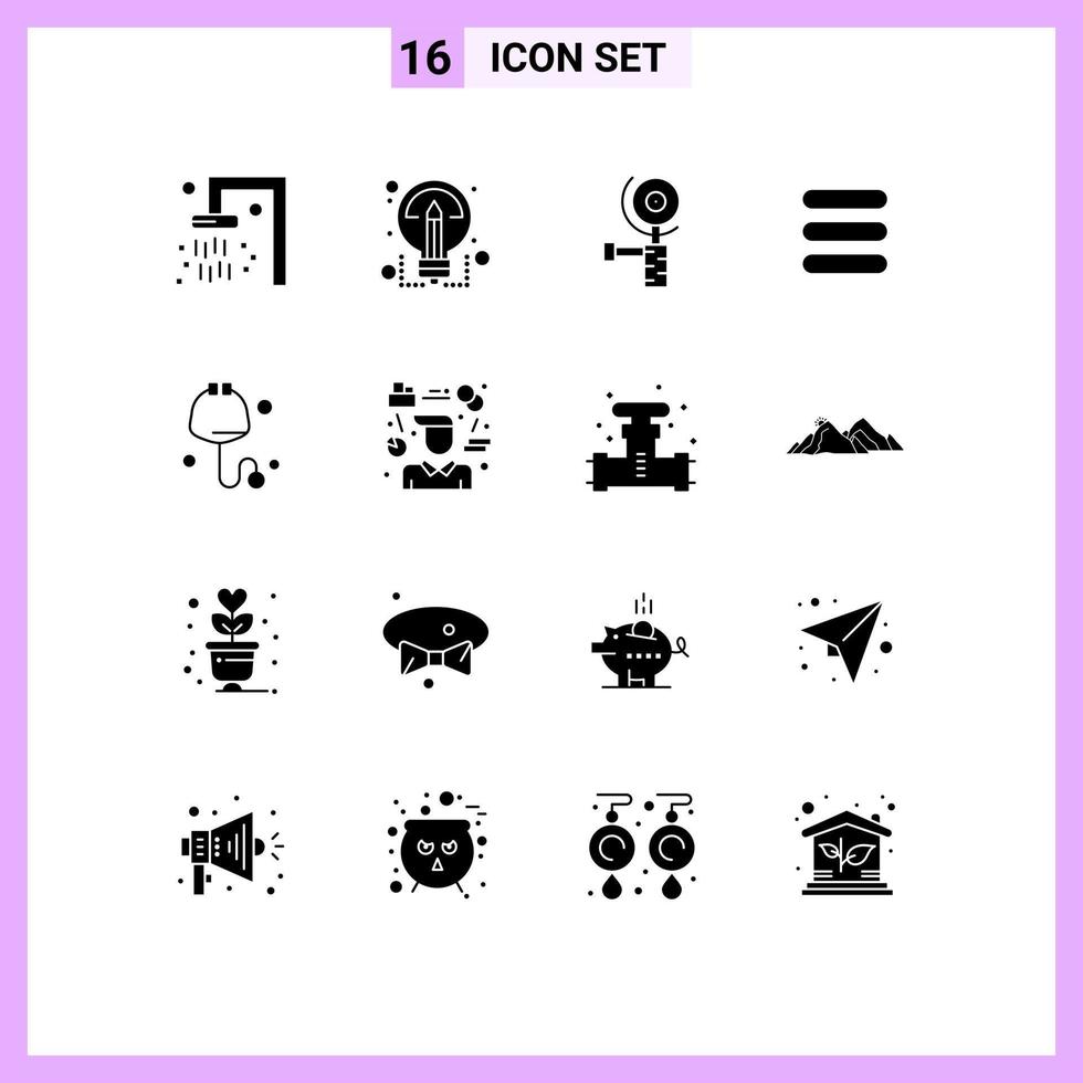 mobil gränssnitt fast glyf uppsättning av 16 piktogram av person stetoskop kvarn medicinsk text redigerbar vektor design element