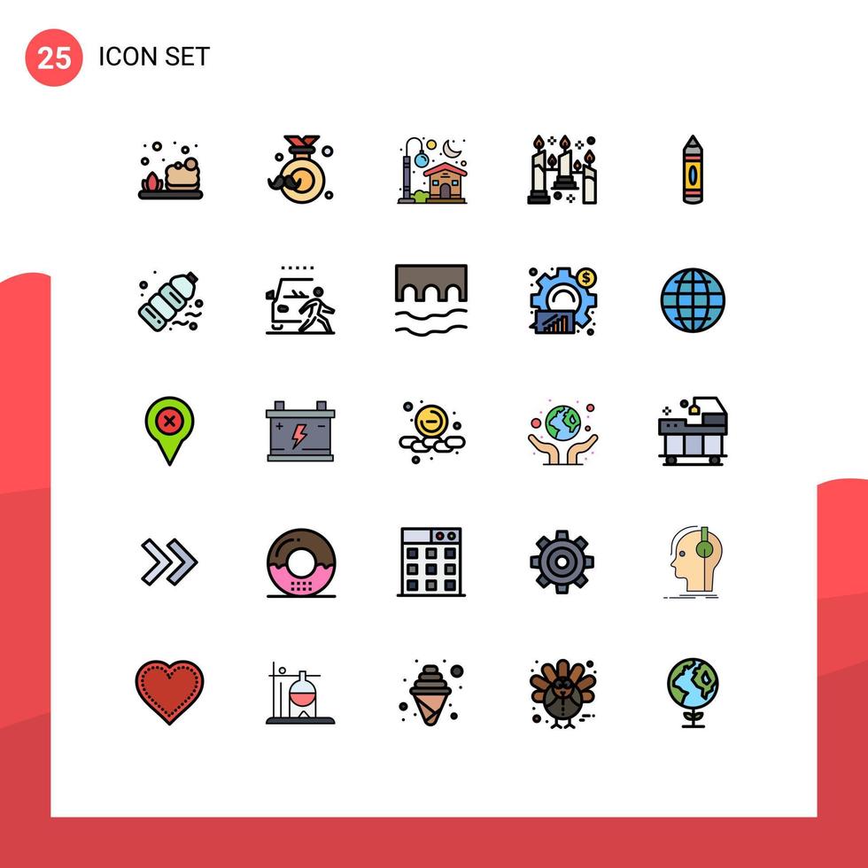 25 fylld linje platt Färg begrepp för webbplatser mobil och appar utbildning ljus Hem flamma brinnande redigerbar vektor design element