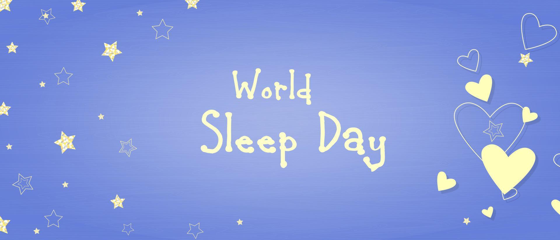 Weltschlaftag Banner, blauer Hintergrund mit Sternen und Herz. vektor