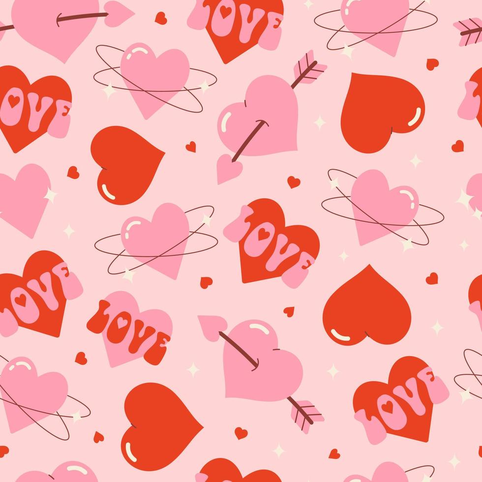 häftig hippie hjärtans dag sömlös mönster. trendig romantisk bakgrund med hjärtan i retro tecknad serie stil av de 70s 80-tal. hjärtans dag Semester bakgrund textur för skriva ut på textil. vektor