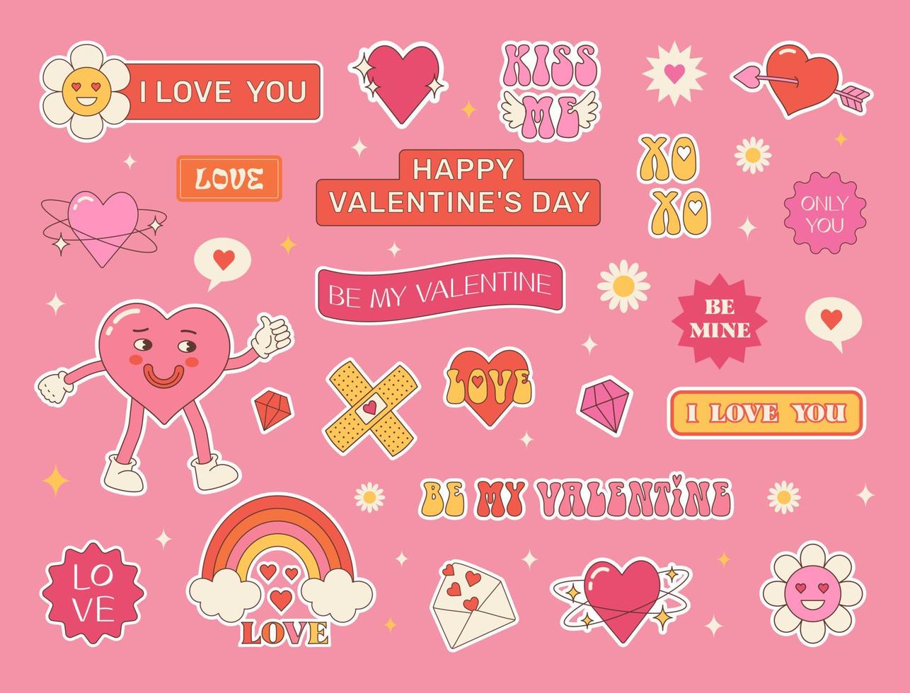 bunte groovige liebesaufkleber und vintage-etikettenformsatz. retro glücklicher valentinstag. lustige charaktere im trendigen cartoon-stil. coole trendige Aufkleberkollektion. Satz verschiedener Phrasen-Patches. vektor