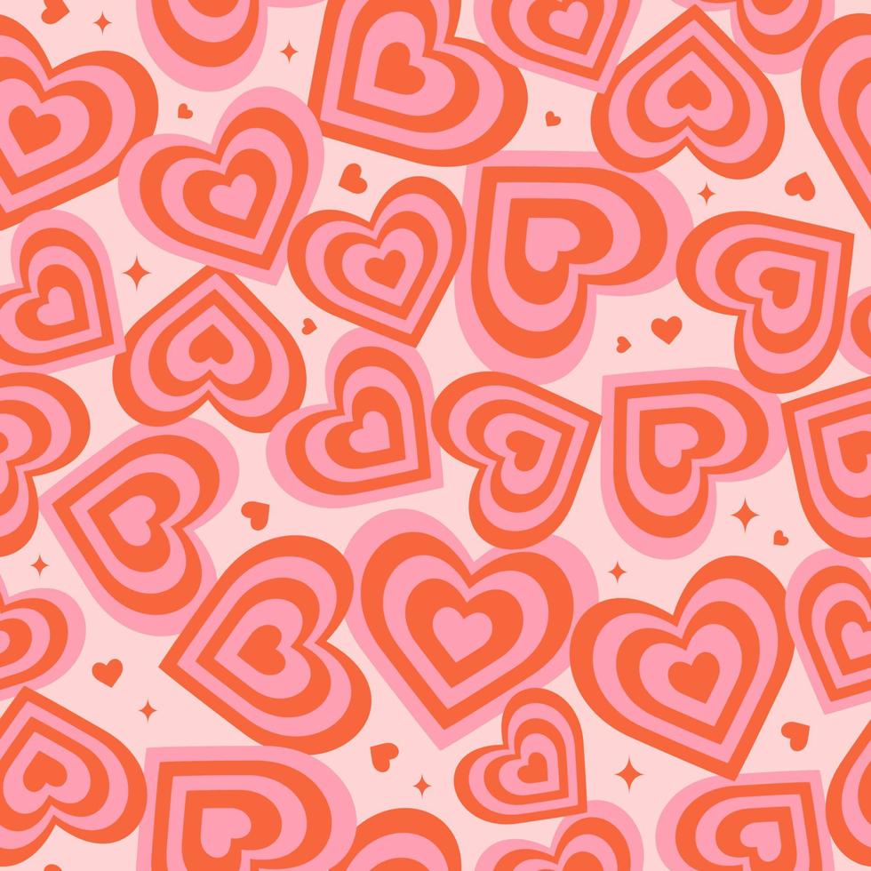 häftig hjärtan sömlös mönster. trendig romantisk vektor bakgrund i 1970-1980-talet. hippie retro stil för skriva ut på textil, omslag papper, webb design och social media. röd och rosa färger.