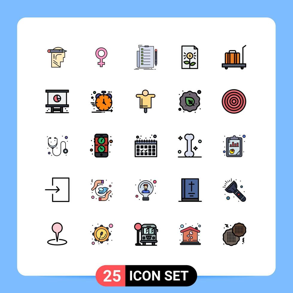 mobil gränssnitt fylld linje platt Färg uppsättning av 25 piktogram av bagage finansiera checklista dokumentera Bank redigerbar vektor design element