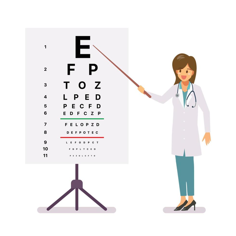 oftalmologi kvinna läkare stående nära öga testa Diagram vektor