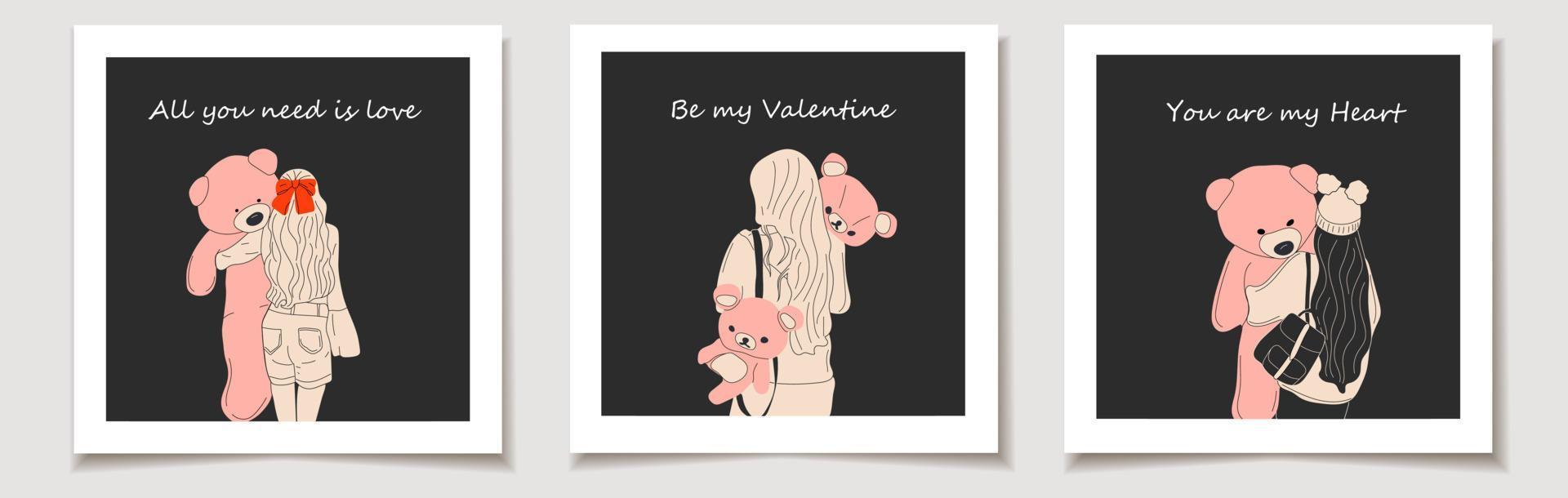 satz valentinstagkarte hübsche frauen umarmen eine riesige teddybärpuppe. mode mädchen illustration .liebe, valentinstag. vektor