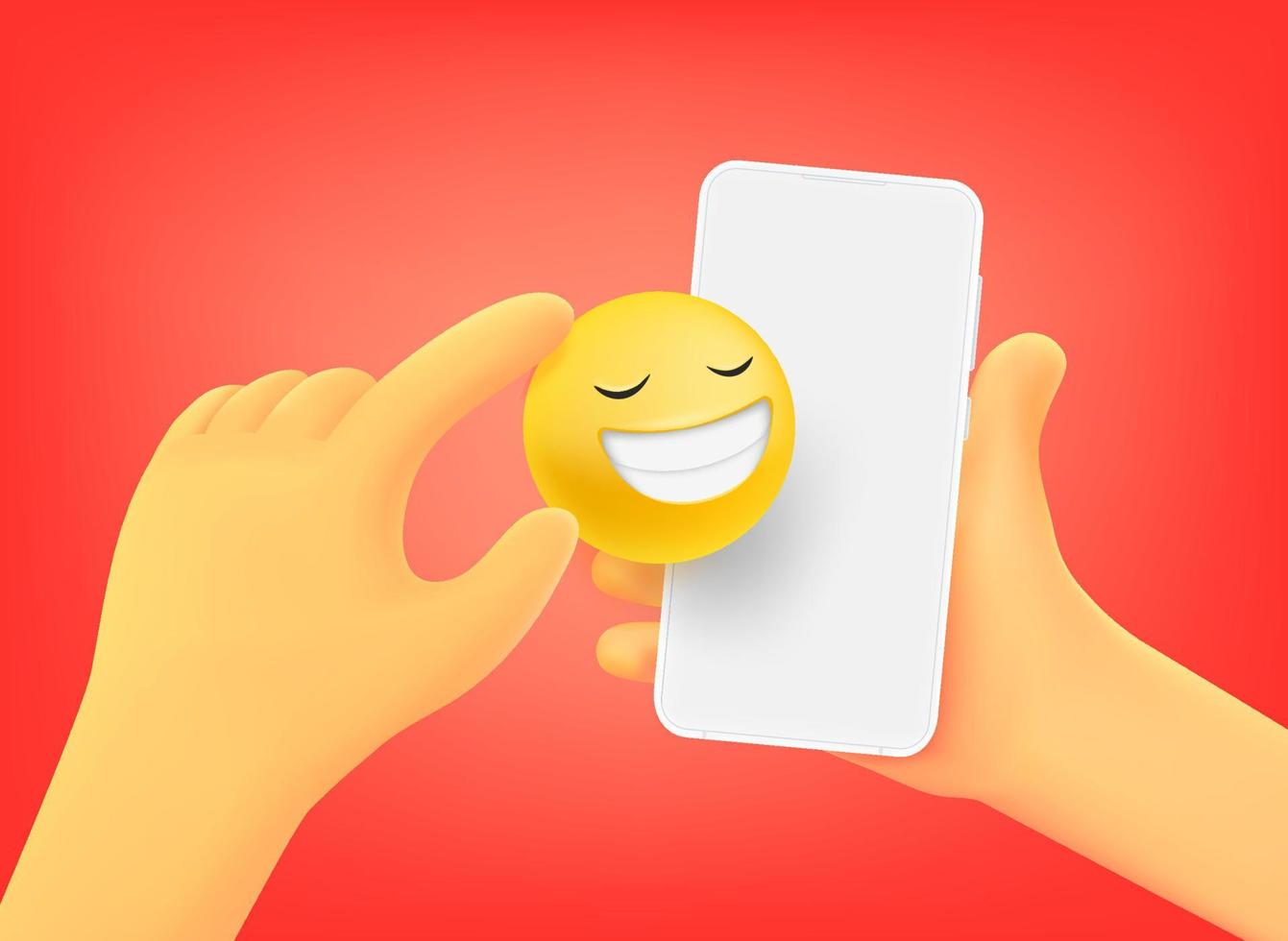 hand innehav smartphone med skrattande emoji. 3d vektor illustration