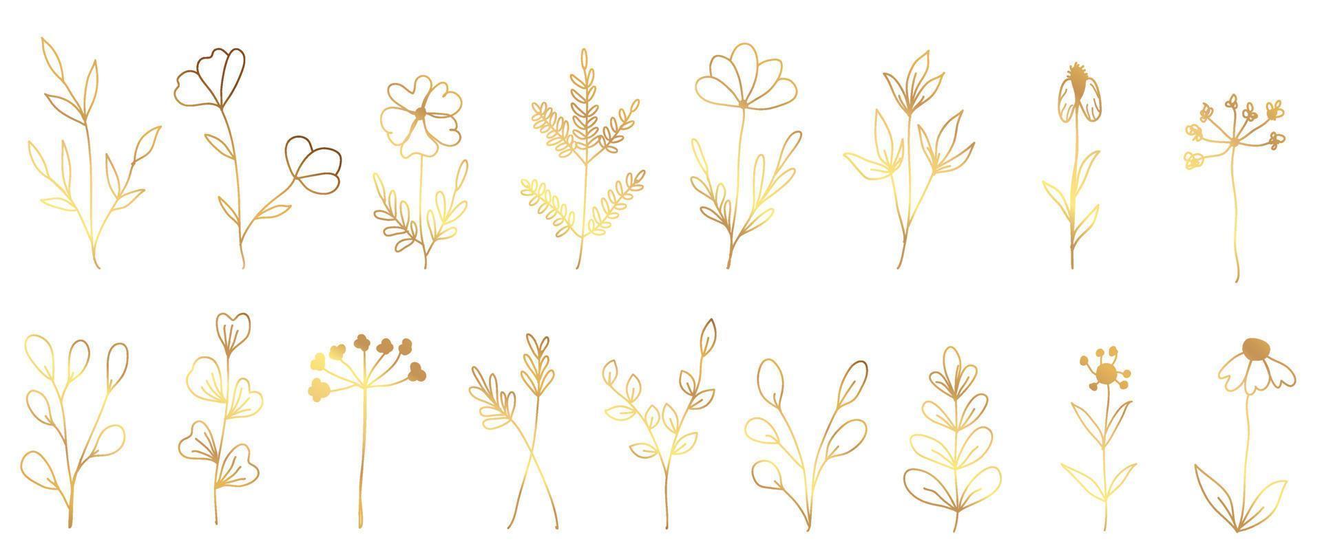 luxus handgezeichneter botanischer vektorsatz. sammlung von wilden blumen des goldenen frühlings des abstrakten farbverlaufs, gras, blattzweig in minimaler linienkunst. designillustration für logo, hochzeit, einladung, dekor vektor