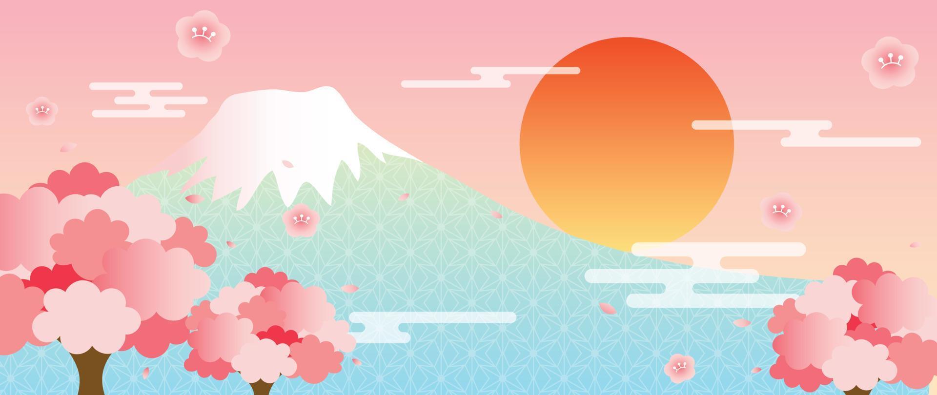 japansk bakgrund vektor illustration. Lycklig ny år dekoration mall pastell Färg orientalisk landskap, fuji berg med japansk mönster stil. design för kort, tapet, affisch, baner.