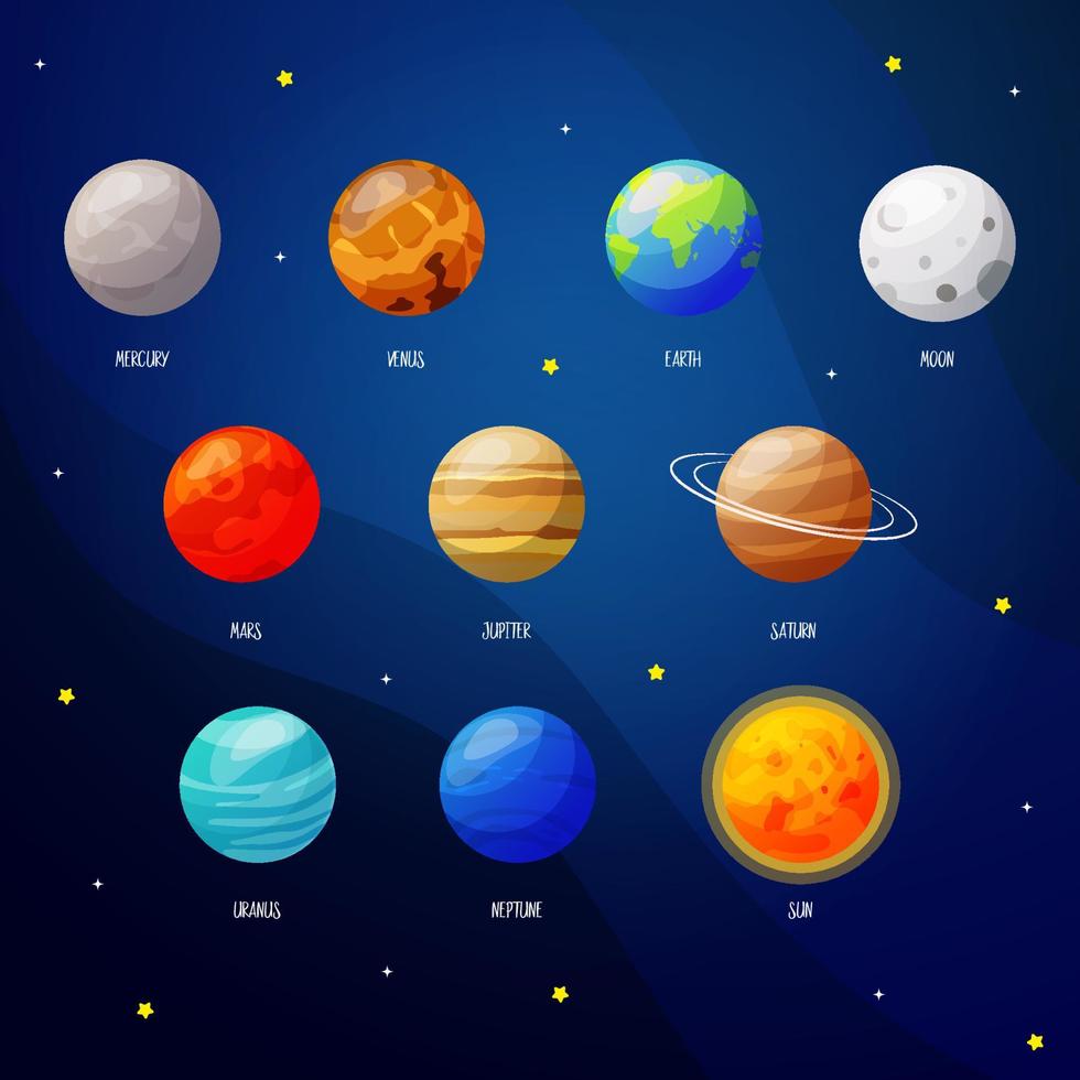 tecknad serie sol- systemet planeter. astronomi kosmisk galax Plats. uppsättning av små planeter på de himmel med stjärnor vektor