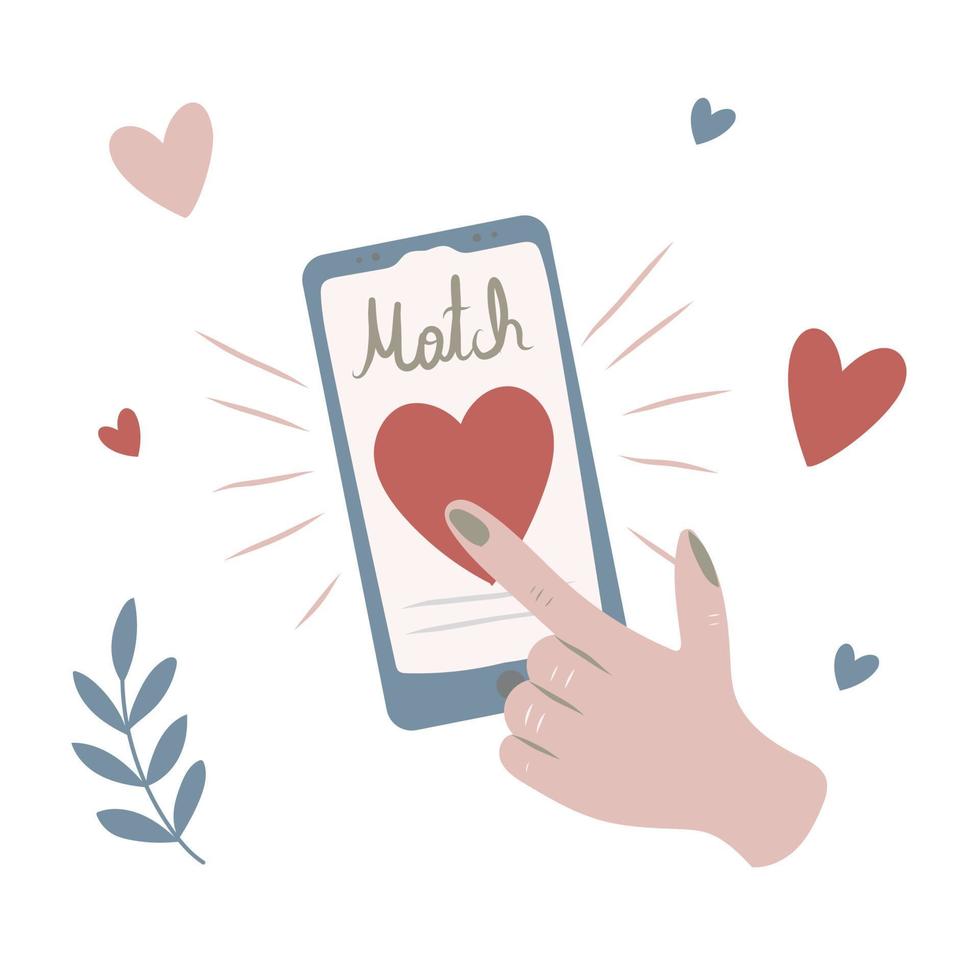 hand drückt den telefonbildschirm, online-dating-konzept, virtuelle liebe in sozialen netzwerken, handgezeichnete vektorillustration vektor