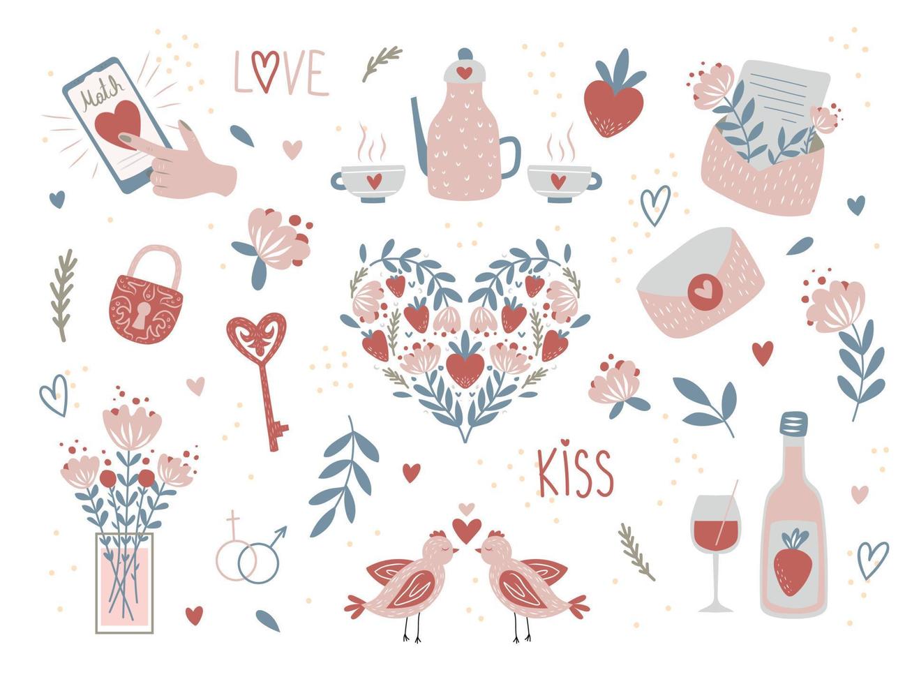 valentinstag gekritzelelemente gesetzt. Geschenk, Herz, Vögel, Kuss, Schlüssel, Liebesbriefe, Rose, Süßigkeiten und andere für die Dekoration. handgezeichnete romantische aufkleber vektor