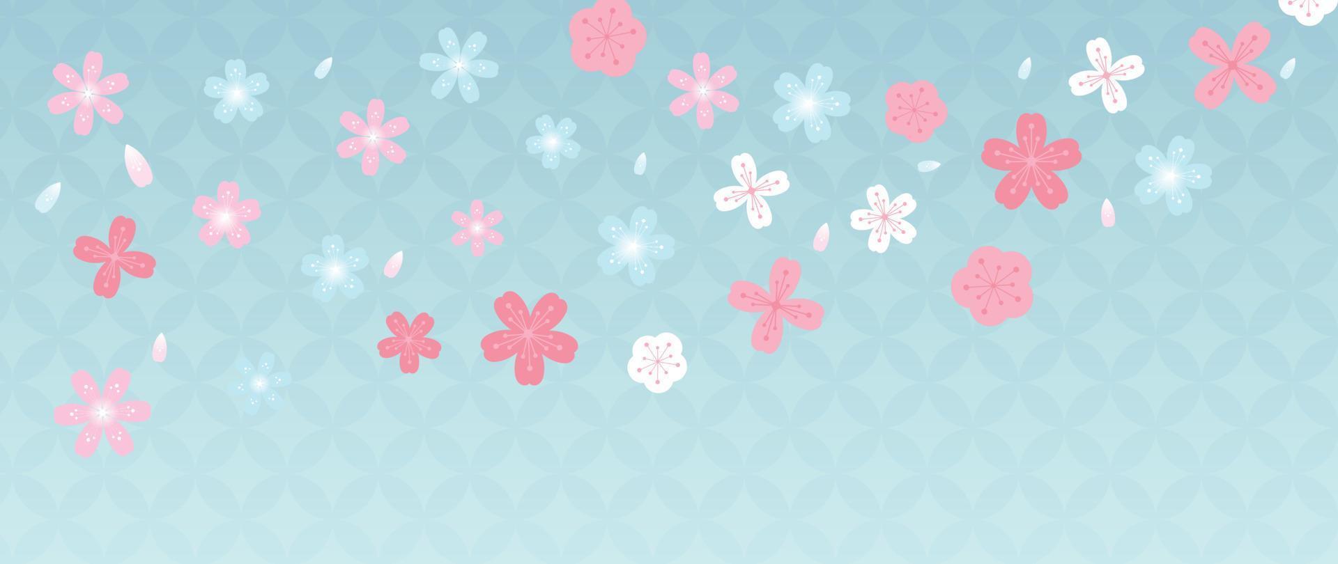 japansk bakgrund vektor illustration. Lycklig ny år dekoration mall i pastell Färg japansk mönster stil bakgrund med körsbär blomma blommor. design för kort, tapet, affisch, baner.