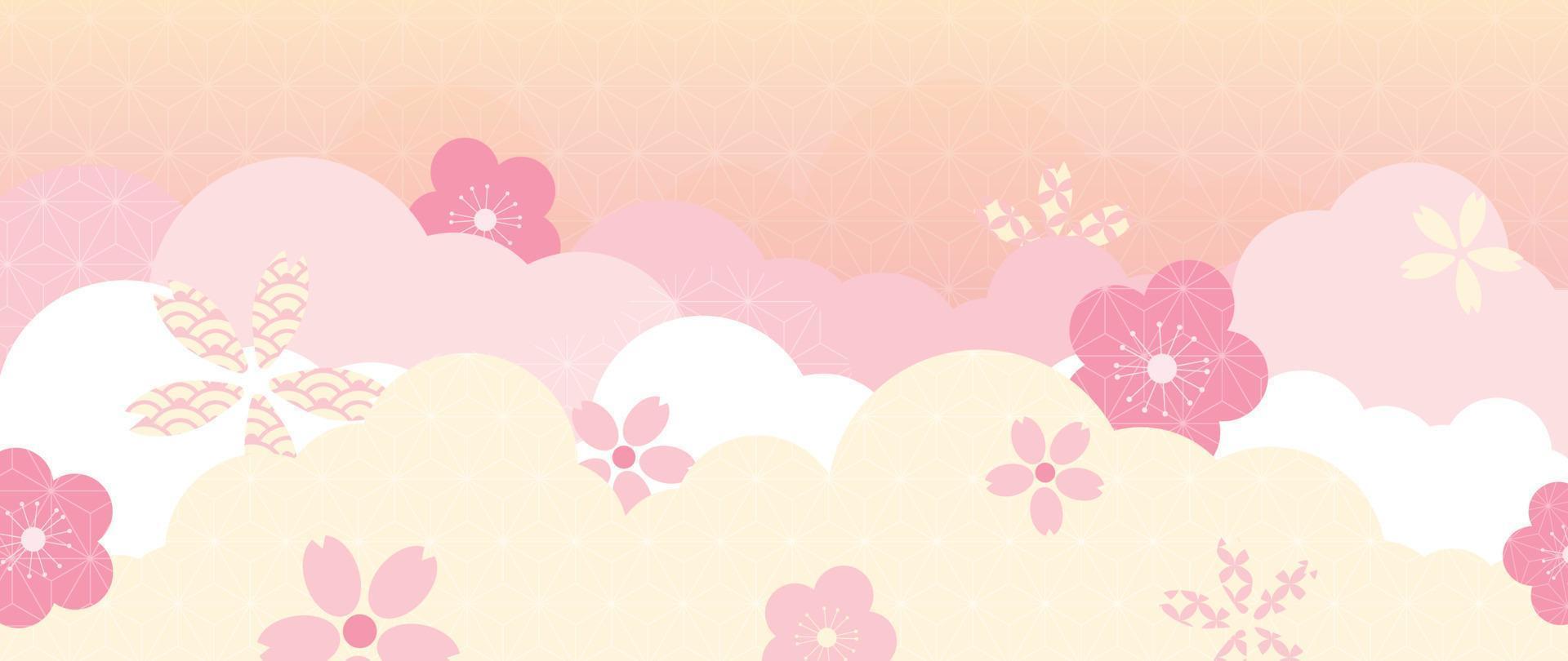 japanische hintergrundvektorillustration. frohes neues jahr dekorationsvorlage in pastellfarbenem japanischem musterstil mit kirschblütenblumen und wolke. Design für Karte, Tapete, Poster, Banner. vektor