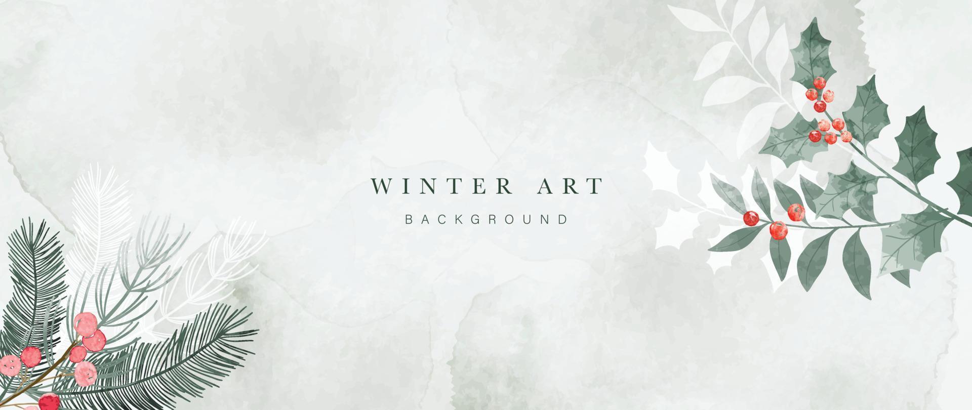 Winter botanische Aquarell Blatt Zweige Hintergrund Vektor Illustration. handgemaltes aquarelllaub, beeren, kiefernblätter, stechpalmenzweig. Design für Poster, Tapeten, Banner, Karten, Dekoration.