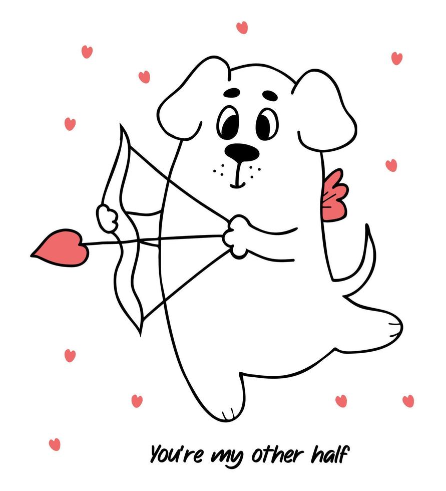 lustiger liebevoller Amorhund. coole Valentinskarte. Vektorillustration im Doodle-Stil. niedlicher tiercharakter für design. vektor