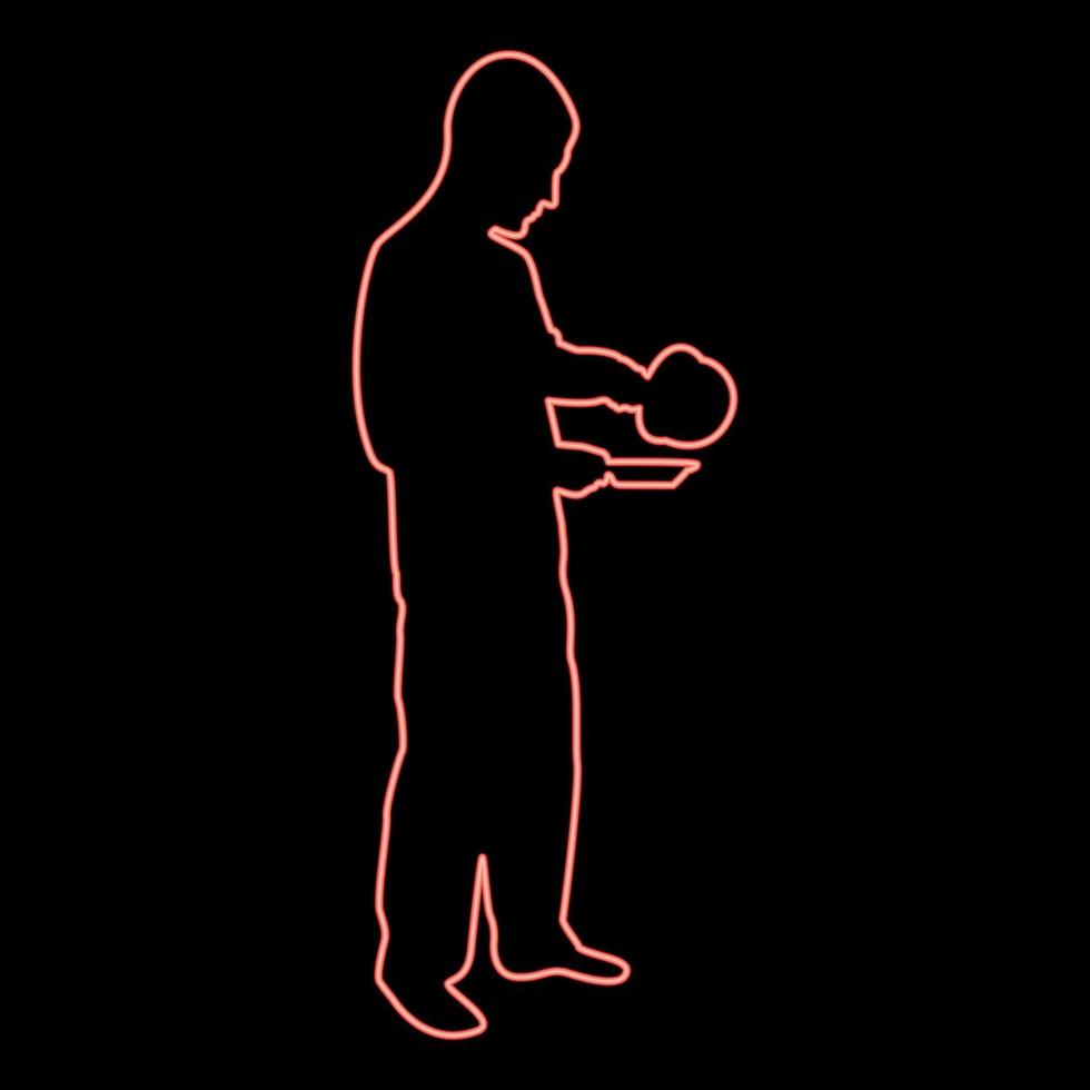 neon man med kastrull i hans händer framställning mat manlig matlagning använda sig av fat vatten hällde i tallrik röd Färg vektor illustration bild platt stil