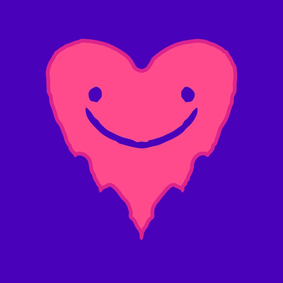 Geschmolzenes Herz mit Lächelngesichts-Gekritzelkarikatur, Illustration für T-Shirt, Aufkleber oder Bekleidungswaren. mit modernem Pop und Retro-Stil. vektor