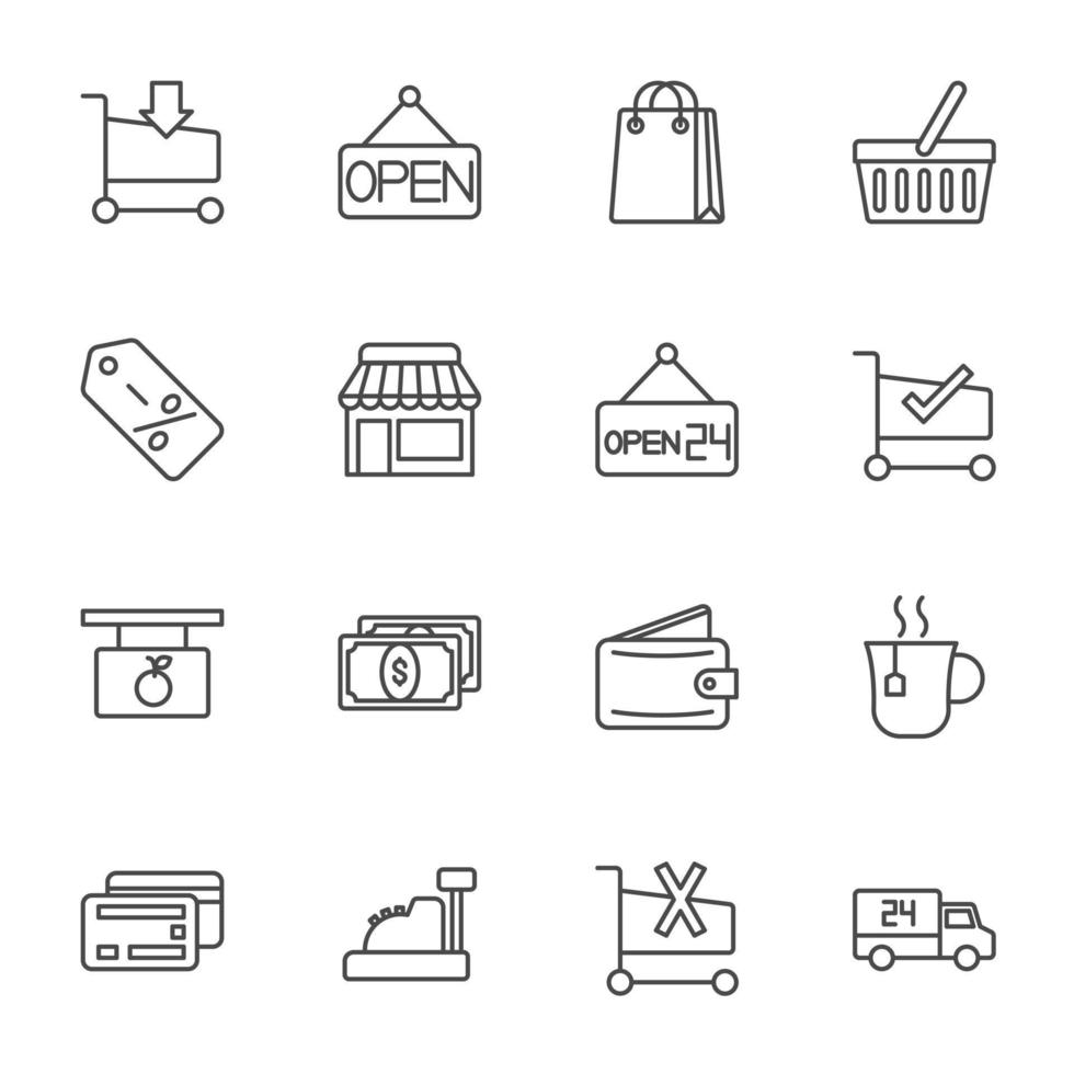 bekvämlighet Lagra ikon uppsättning, super marknadsföra och handla köpcenter, handla vagn, affär, korg, leverans, ficka pengar, vektor tunn linje ikon