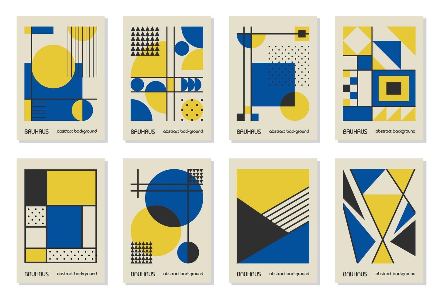 Satz von 8 minimalen geometrischen Designplakaten der 20er Jahre, Wandkunst, Vorlage, Layout mit primitiven Formelementen. Bauhaus-Retro-Muster, Vektorhintergrund, blaue, gelbe und schwarze Farben der ukrainischen Flagge vektor