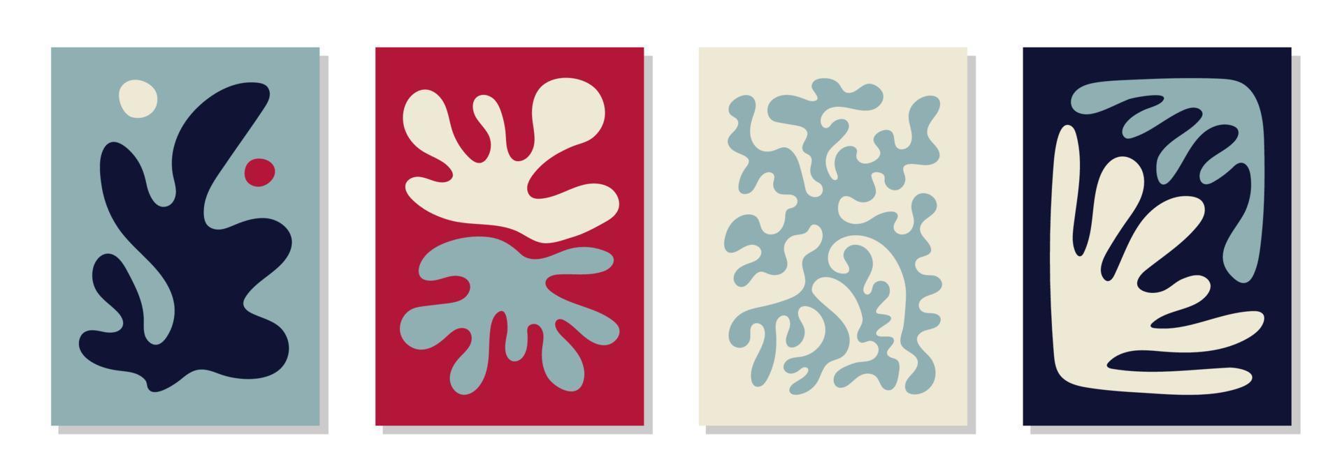 Set mit 4 Matisse-inspirierten, Hygge-Farben-Wandkunstpostern, Broschüren, Flyer-Vorlagen, zeitgenössischen Collagen. organische Linie abstraktes Muster, handgezeichnetes Design, Tapete. grafischer Vektor dynamischer Formen