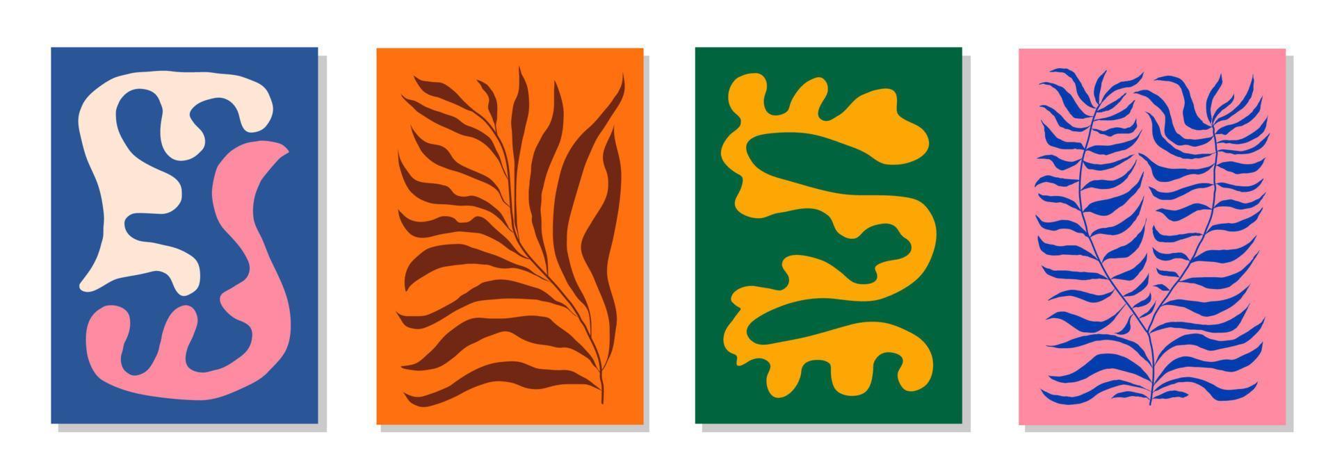 Set aus 4 von Matisse inspirierten Wandkunstpostern, Broschüren, Flyervorlagen, zeitgenössischen Collagen. organische Linie abstraktes Muster, handgezeichnetes Design, einfache Tapete. dynamische Formen grafischer Vintage-Vektor vektor