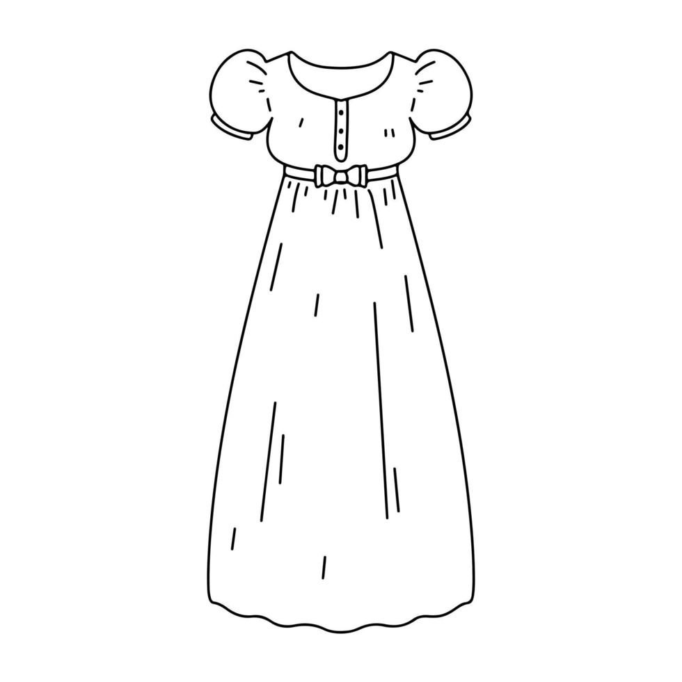 altmodisches Kleid im handgezeichneten Doodle-Stil. skizzieren Sie Doodle-Stil, Tintenfederzeichnung, isoliert schwarz auf weißem Hintergrund. vektor