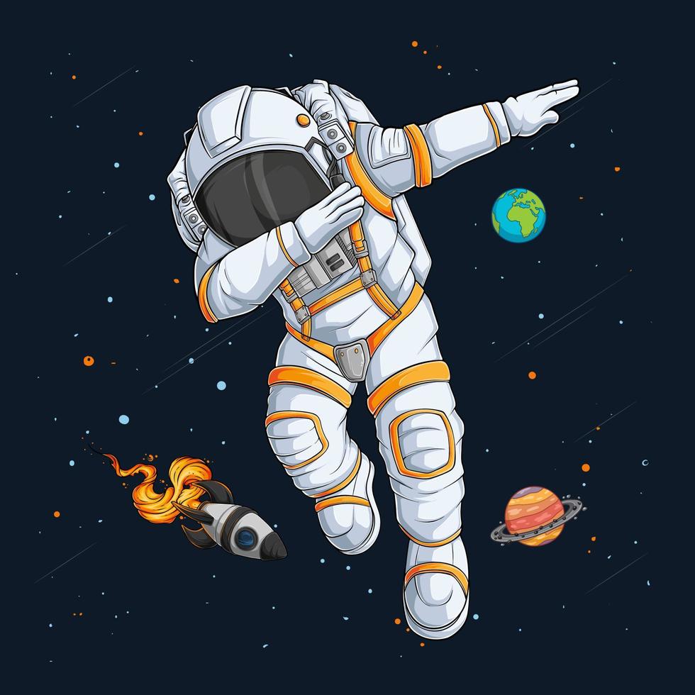 handgezeichneter lustiger astronaut, der mit einer weltraumrakete und planeten dahinter einen tupfenden tanz im weltraum macht vektor