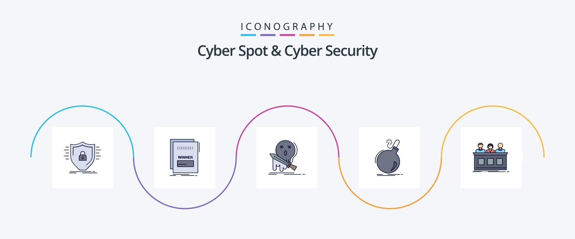 Cyber Spot und Cyber Security Line gefüllt Flat 5 Icon Pack inklusive Gefahr. Bombe. bösartig. Schwert. Spiel vektor