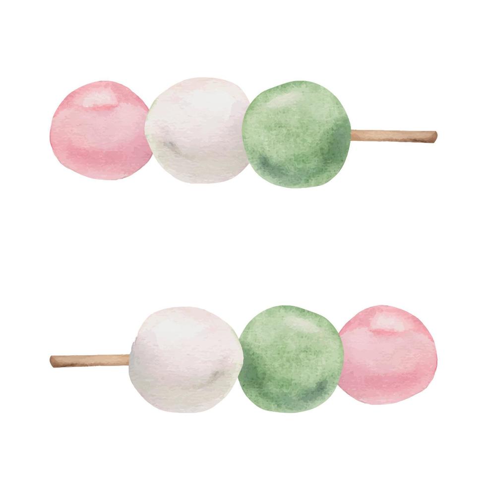 aquarell handgezeichnete traditionelle japanische süßigkeiten. dreifarbiger Dango, pink, weiß und grün. isoliert auf weißem Hintergrund. design für einladungen, restaurantmenü, grußkarten, druck, textil vektor
