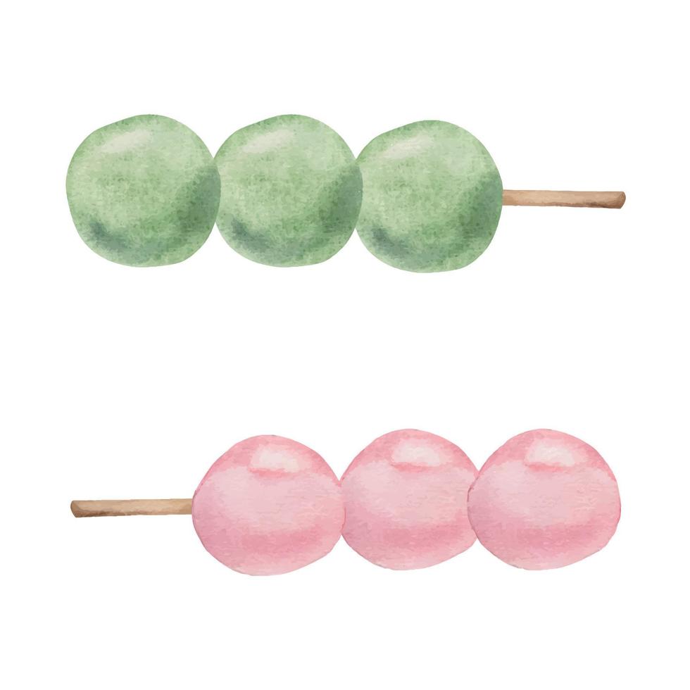 aquarell handgezeichnete traditionelle japanische süßigkeiten. dreifarbiger Dango, pink, weiß und grün. isoliert auf weißem Hintergrund. design für einladungen, restaurantmenü, grußkarten, druck, textil vektor