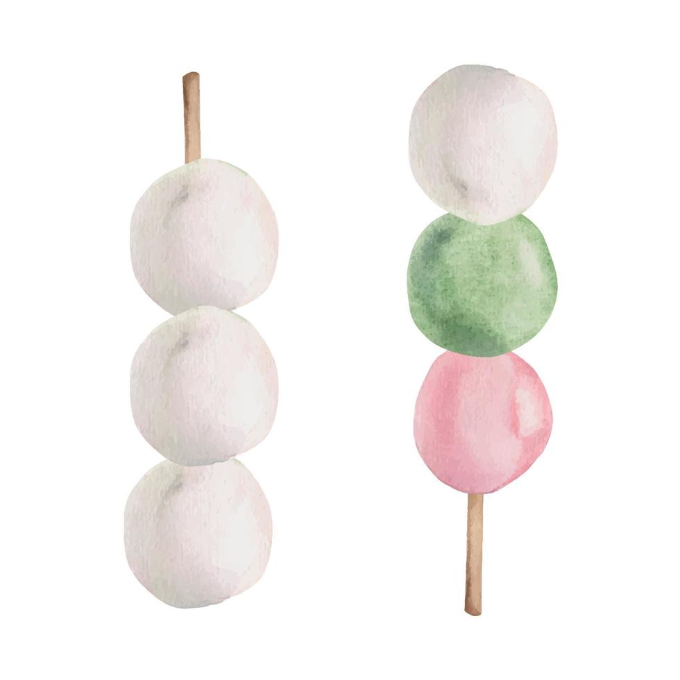 aquarell handgezeichnete traditionelle japanische süßigkeiten. dreifarbiger Dango, pink, weiß und grün. isoliert auf weißem Hintergrund. design für einladungen, restaurantmenü, grußkarten, druck, textil vektor