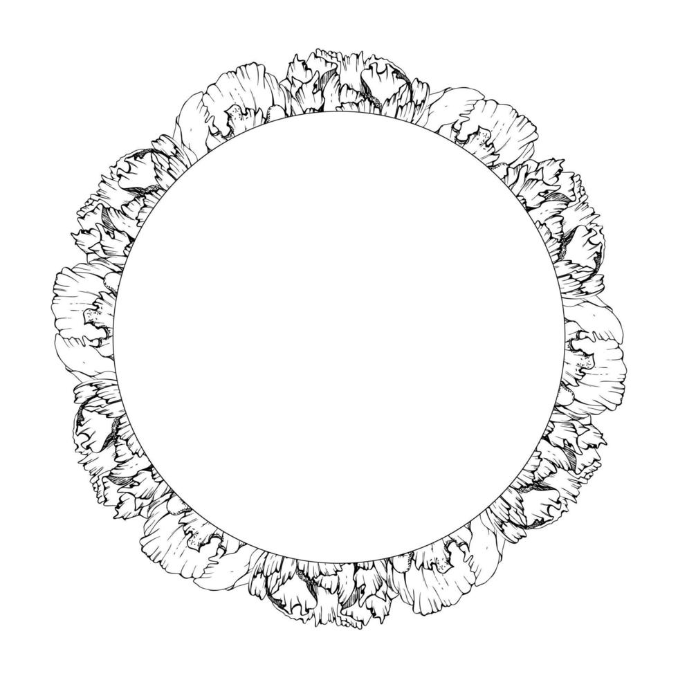 handgezeichnete Vektorkreisrahmen-Kranzanordnung mit Pfingstrosenblumen, -knospen und -blättern. isoliert auf weißem Hintergrund. design für einladungen, hochzeits- oder grußkarten, tapeten, druck, textil vektor