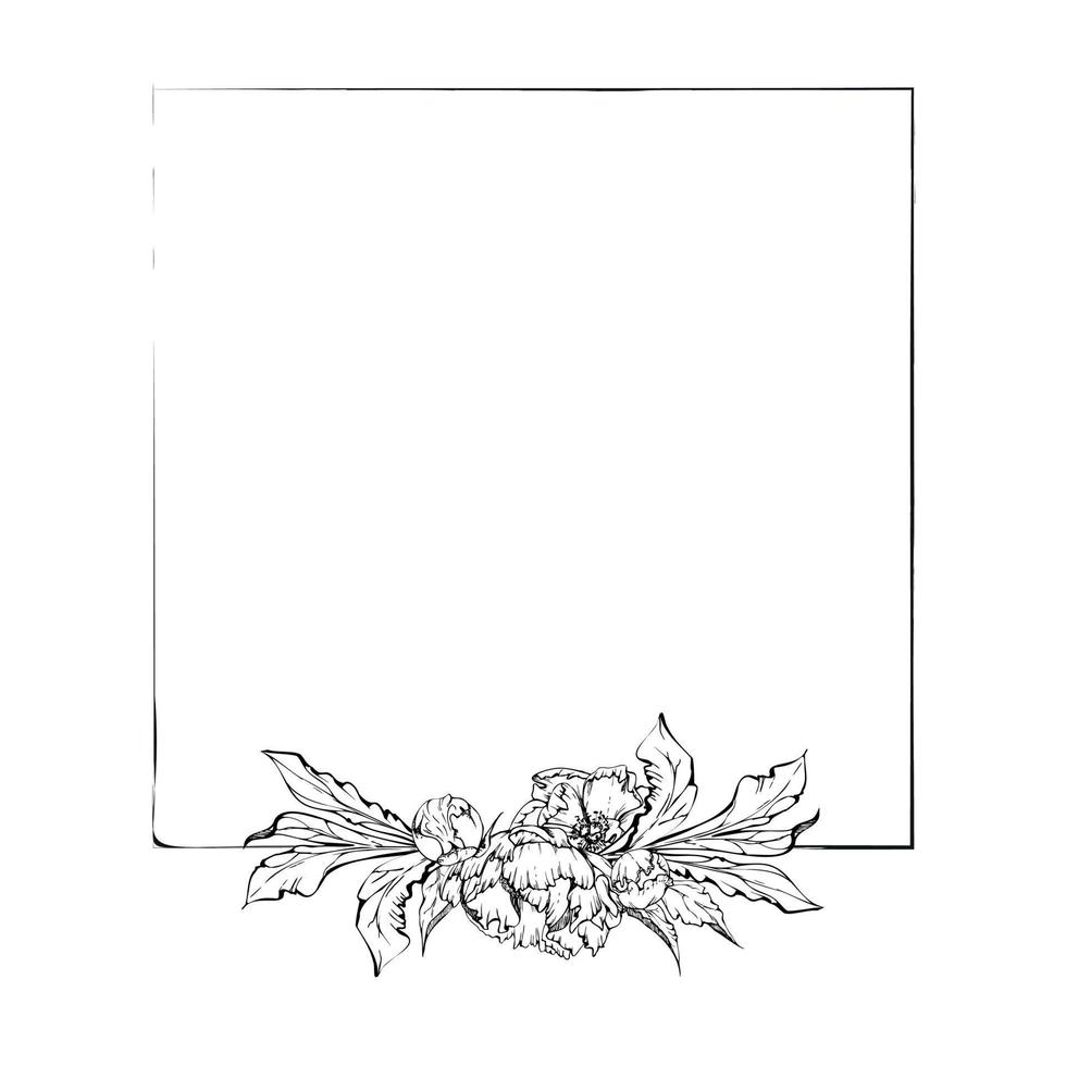 handgezeichnete quadratische Rahmenkranzanordnung mit Pfingstrosenblüten, Knospen und Blättern. isoliert auf weißem Hintergrund. design für einladungen, hochzeits- oder grußkarten, tapeten, druck, textil vektor