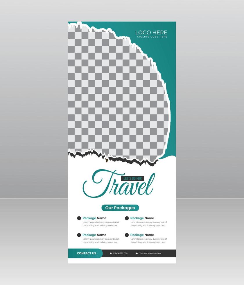 tour- und reiseverkaufs-rollup-bannerständer mit einem platz für fotos und informationen für das reisebürogeschäft vektor