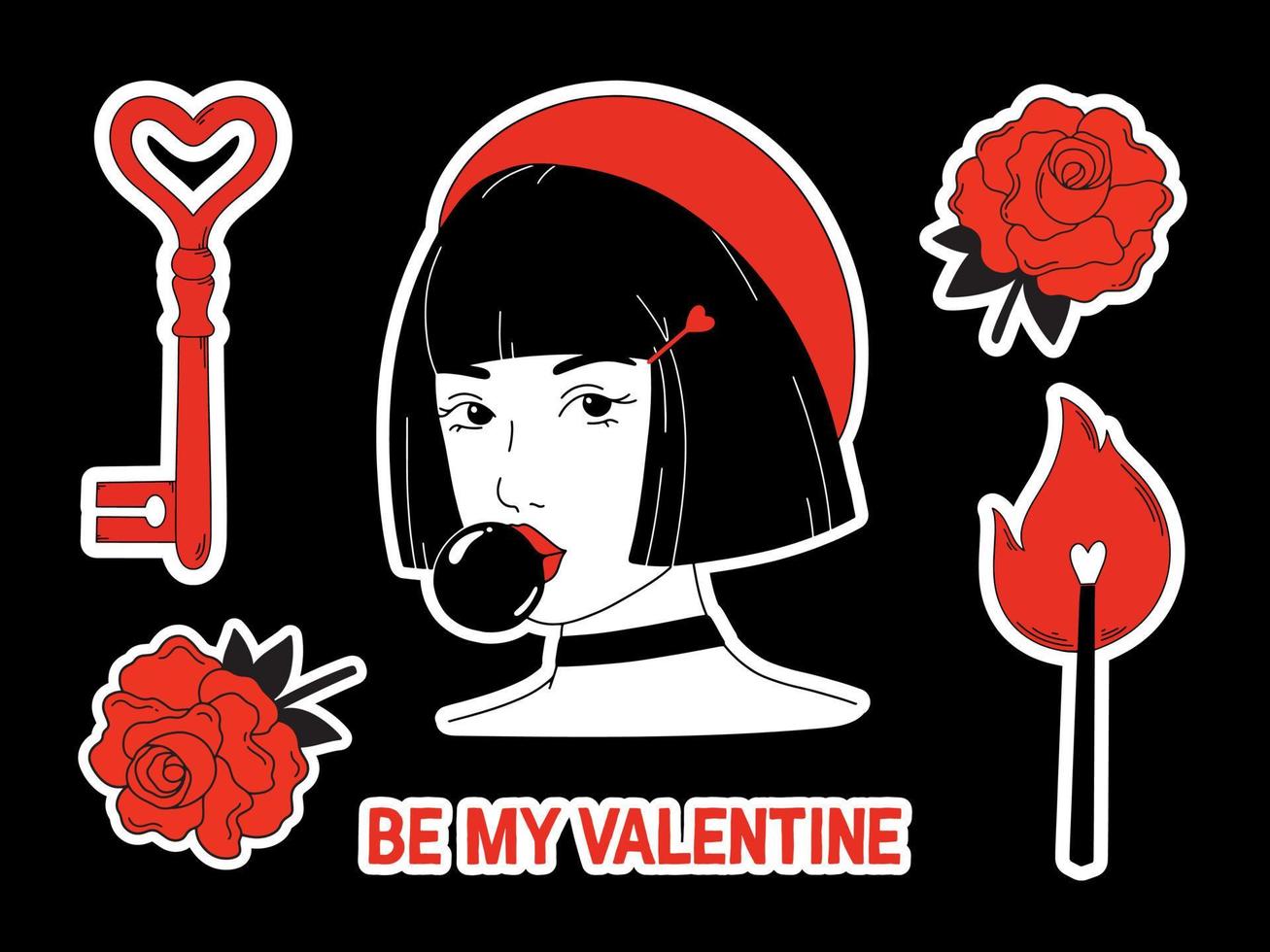 Liebesaufkleber-Vektorset für den Valentinstag. Stilvolle handgezeichnete Illustrationen, ein Mädchen in einer roten Baskenmütze, ein herzförmiger Schlüssel, ein brennendes Streichholz, rote Rosen. trendiges modernes Design. vektor
