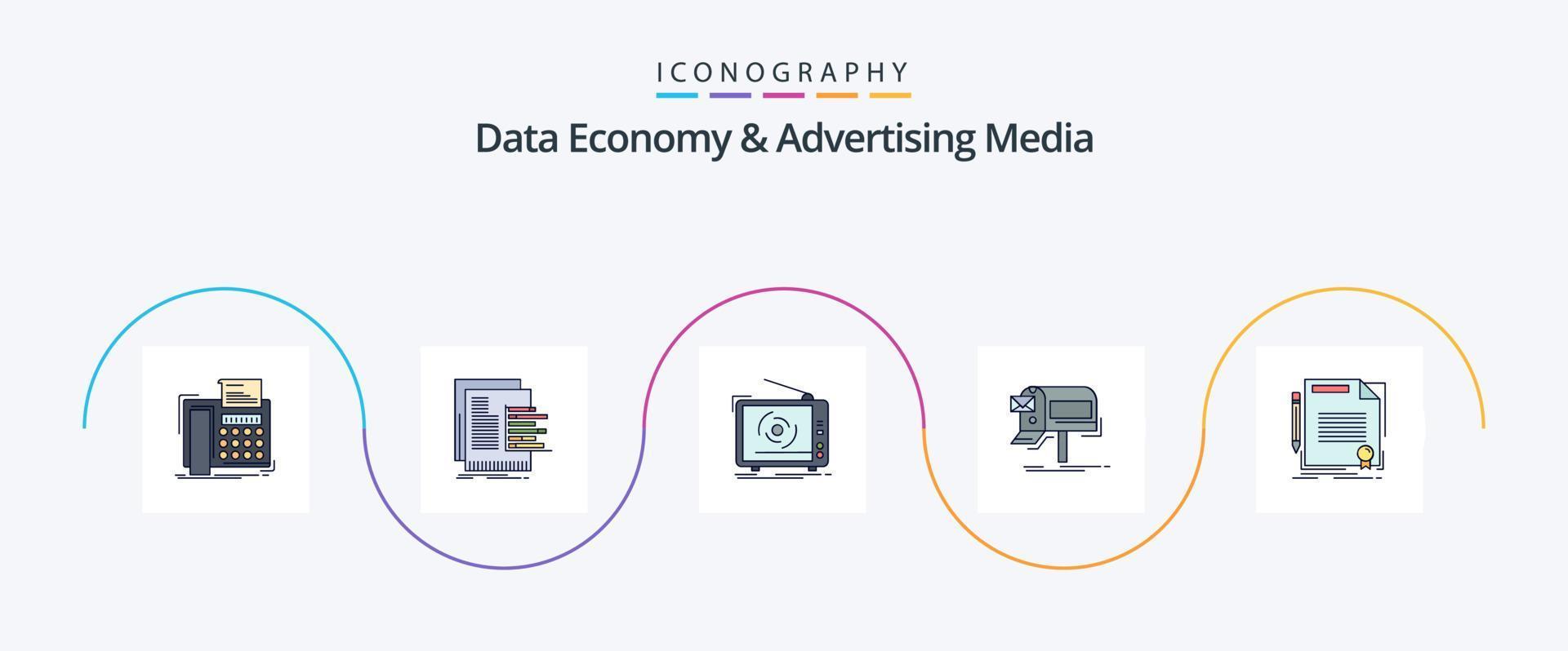 data ekonomi och reklam media linje fylld platt 5 ikon packa Inklusive marknadsföring. kampanjer. rapporterar. uppsättning. reklam vektor