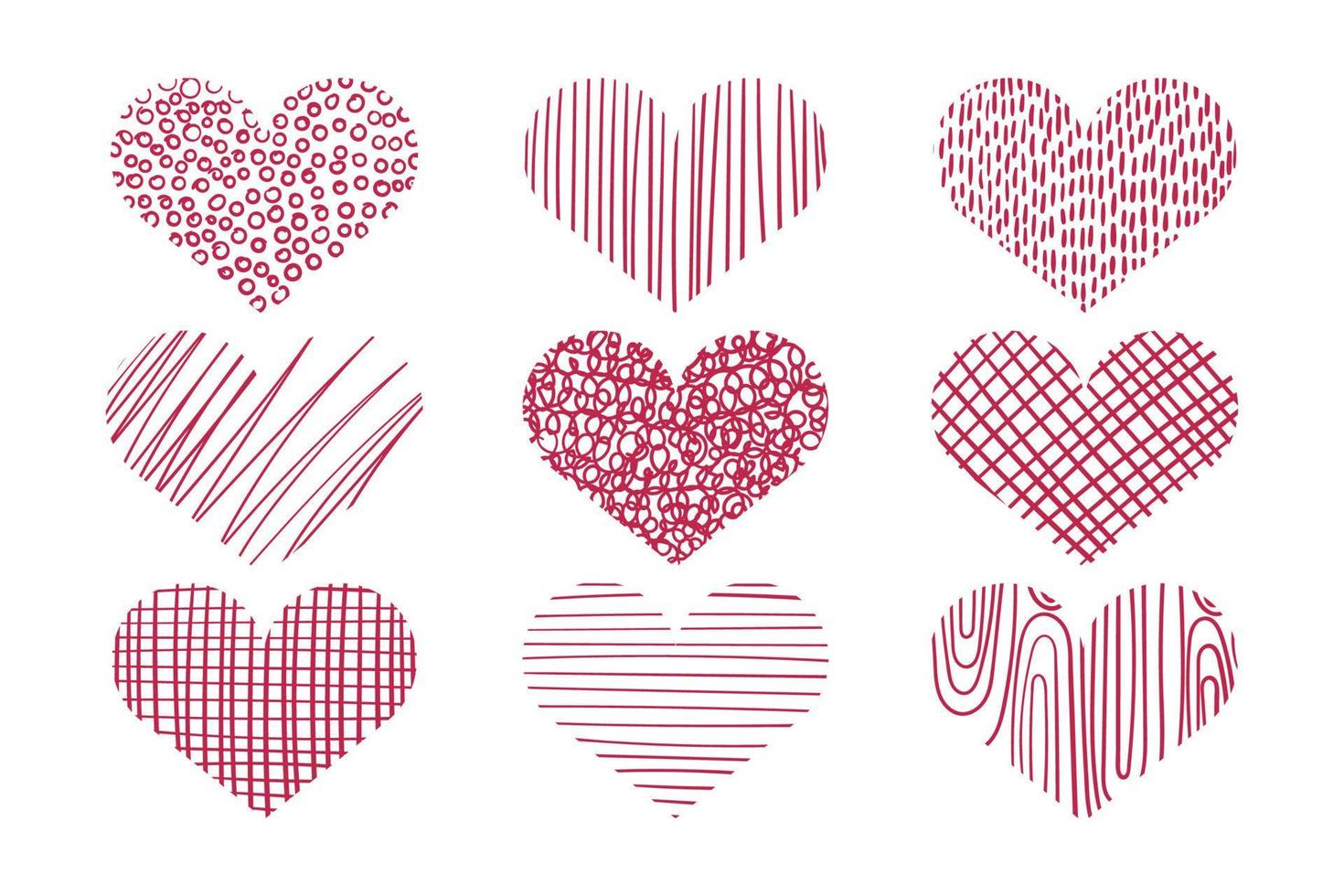 uppsättning av hjärtan med dekorativ fylla dragen förbi hand. valentines dag kort. vektor illustration