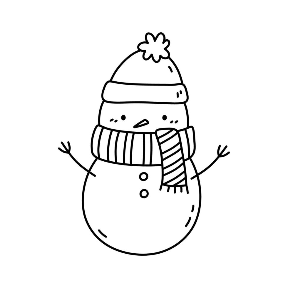 söt snögubbe i en hatt och scarf isolerat på vit bakgrund. vektor ritad för hand illustration i klotter stil. söt karaktär. perfekt för kort, dekorationer, logotyp och jul mönster.