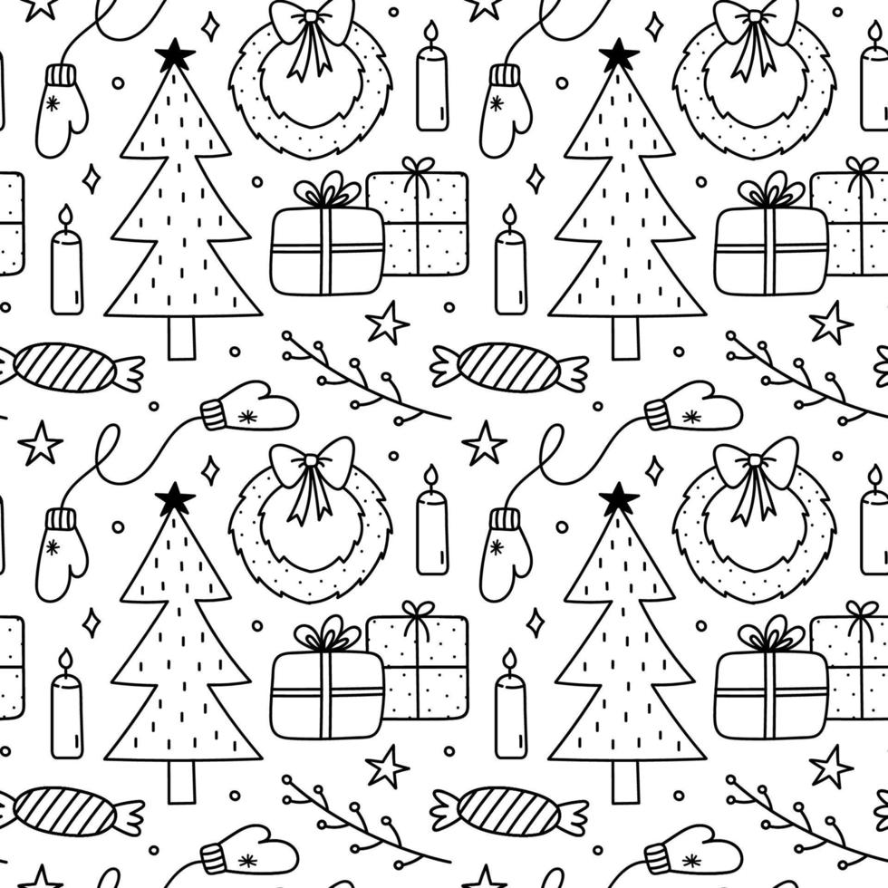 süßes nahtloses weihnachtsmuster mit geschenken, warmen handschuhen, weihnachtsbaum und kränzen, kerzen, süßigkeiten und sternen. Vektor handgezeichnete Doodle-Illustration. perfekt für Geschenkpapier, Dekorationen, Tapeten.