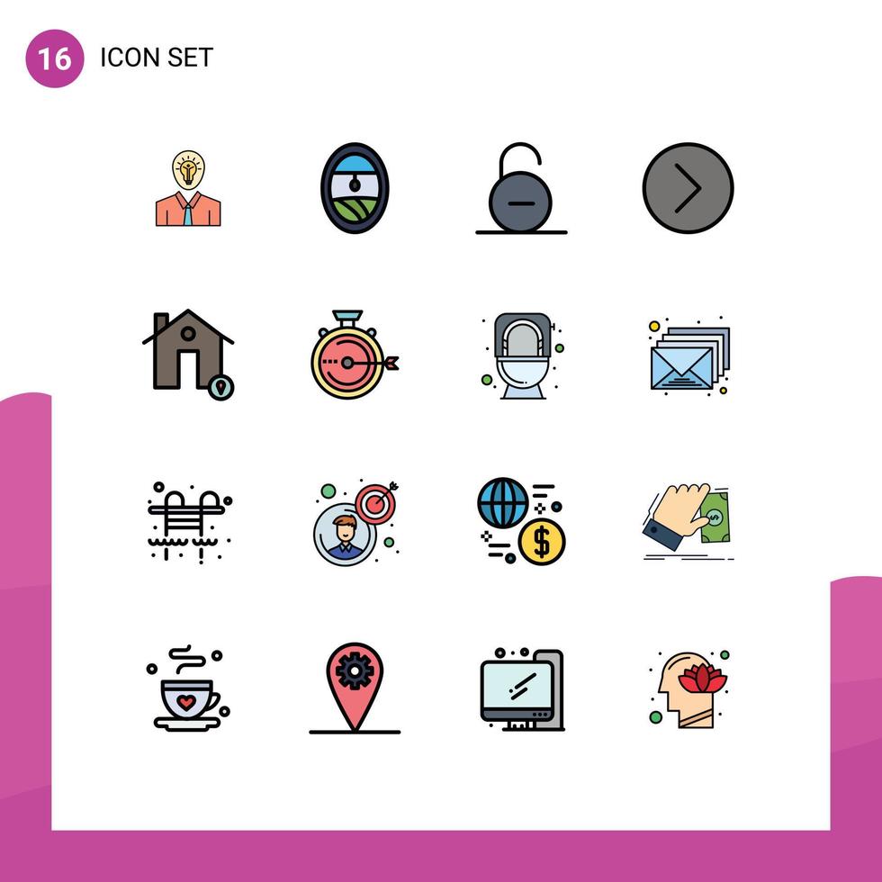 Stock Vector Icon Pack mit 16 Zeilenzeichen und Symbolen für Gebäude Media Player Lock Media Security editierbare kreative Vektordesign-Elemente