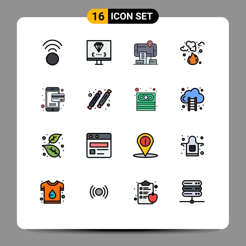piktogram uppsättning av 16 enkel platt Färg fylld rader av kort förorening verklighet sopor bränna redigerbar kreativ vektor design element