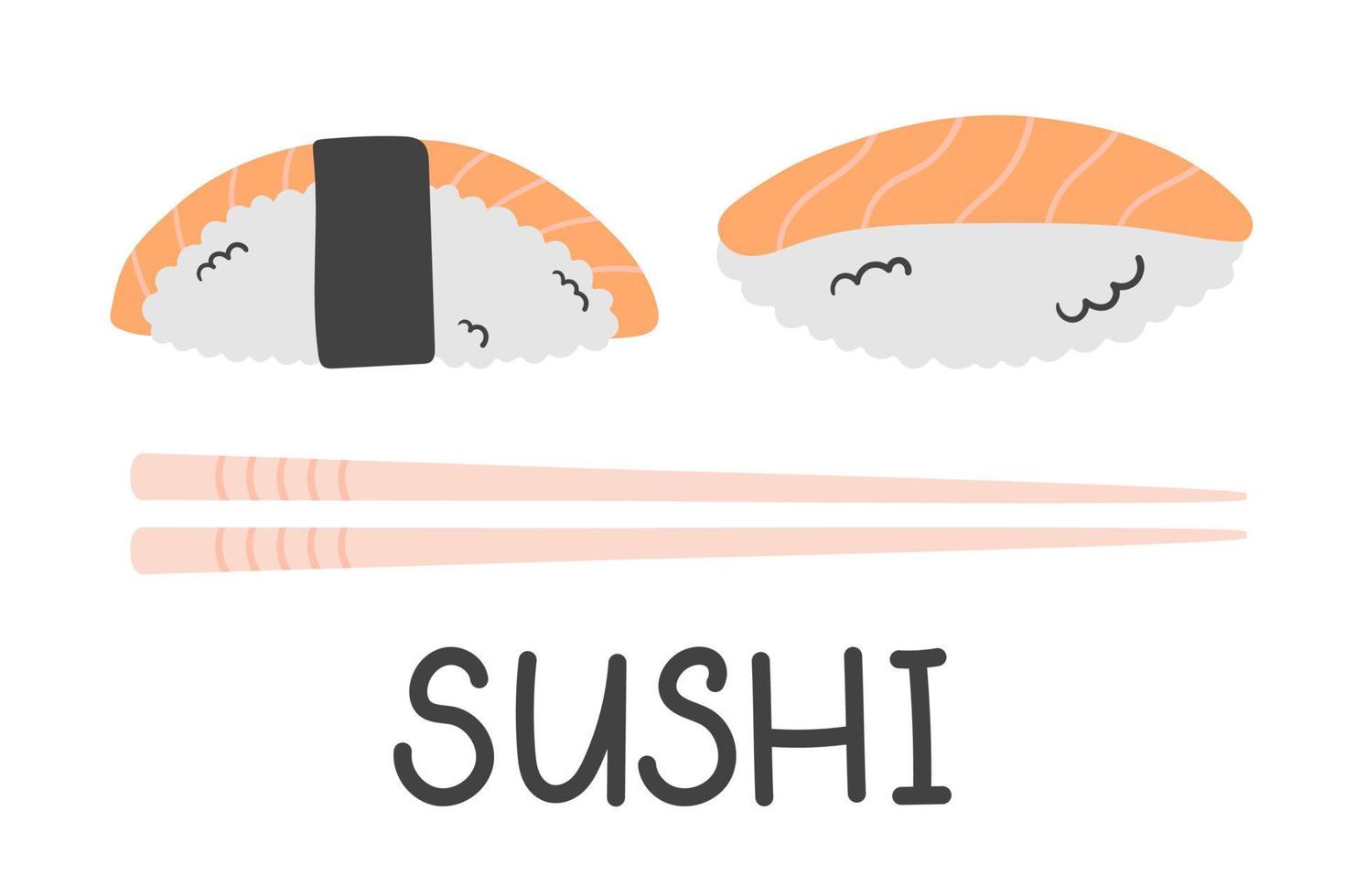 japanisches essen sushi mit lachs im flachen gekritzelstil. vektorillustration für menürestaurant, lebensmittellieferung vektor