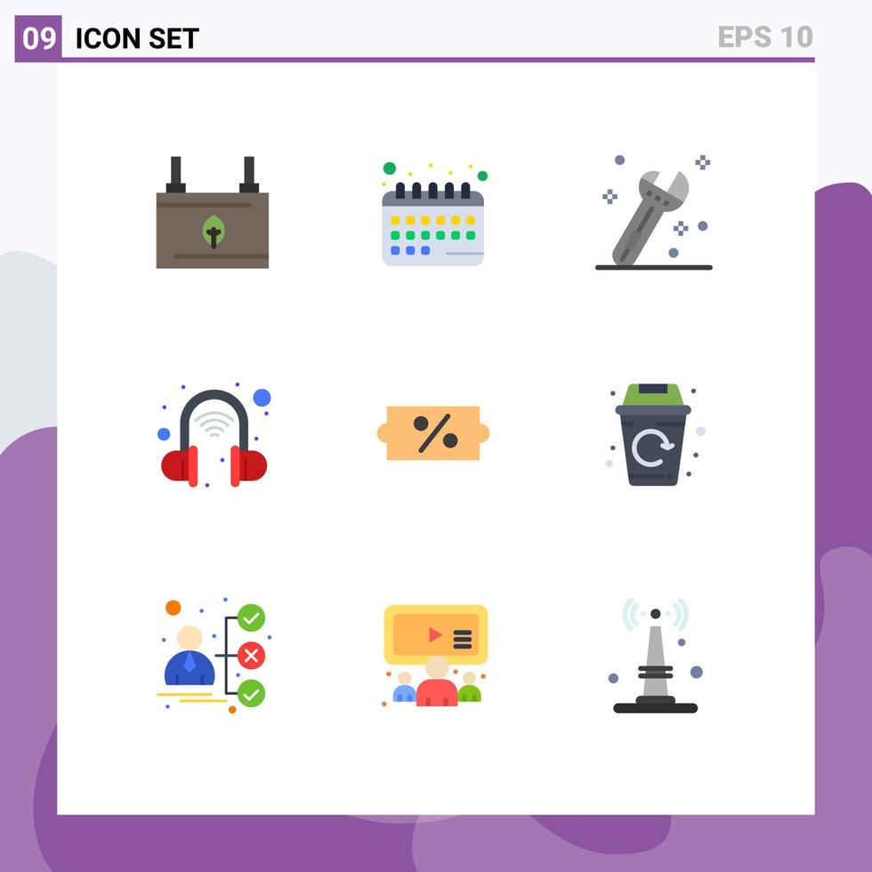 grupp av 9 platt färger tecken och symboler för försäljning rabatt schema trådlös headsetet intelligent redigerbar vektor design element