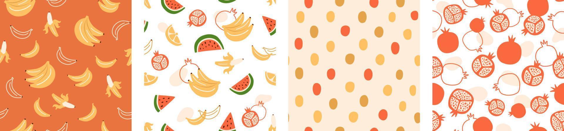 Obst-Muster-Set. exotische sommerfrüchte hintergrund. granatapfel, banane, zitrone, wassermelone, tupfenformen nahtloser mustersatz. tropisches design für papier, cover, stoffdruck. Vektor-Illustration. vektor