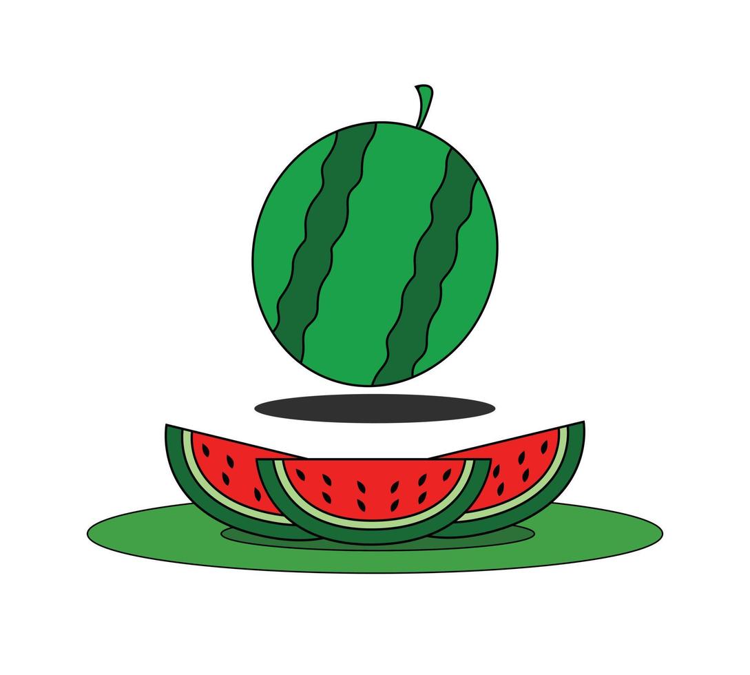 Vektorlogo einer ganzen reifen roten Wassermelone, grüner Stiel, geschnittene Wassermelone mit rotem Fruchtfleisch, serviert auf einem Teller. wassermelonenmuster von natürlichen süßen lebensmitteln. Essen Sie köstliche tropische Fruchtwassermelonen. vektor