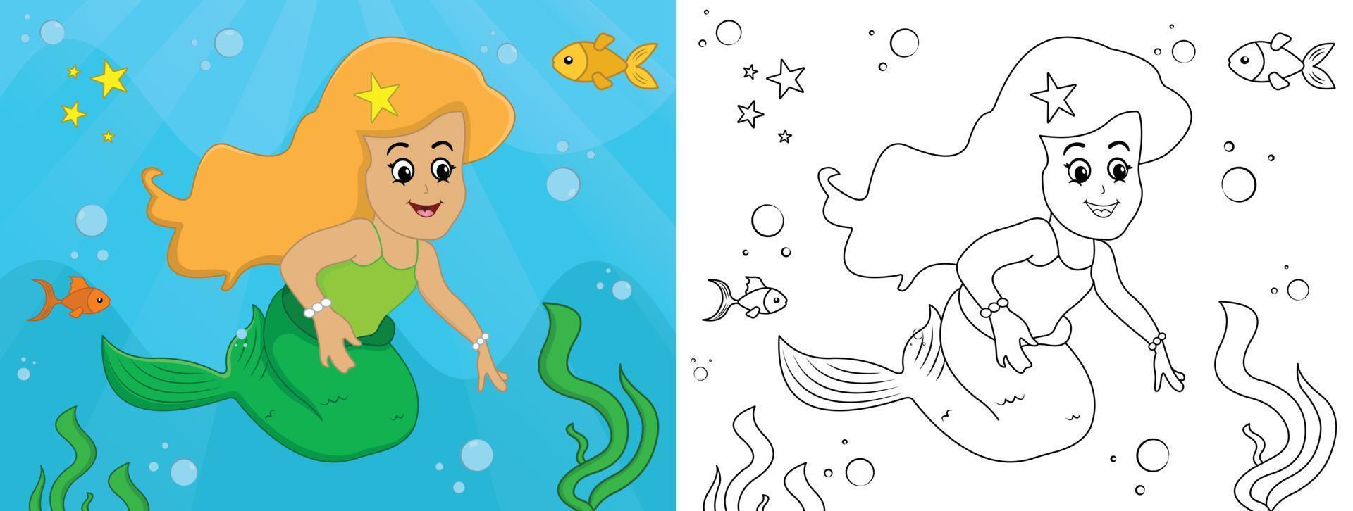 Cartoon-Meerjungfrau-Malseite Nr. 06 Kinder-Aktivitätsseite mit Strichzeichnungen-Vektorillustration vektor
