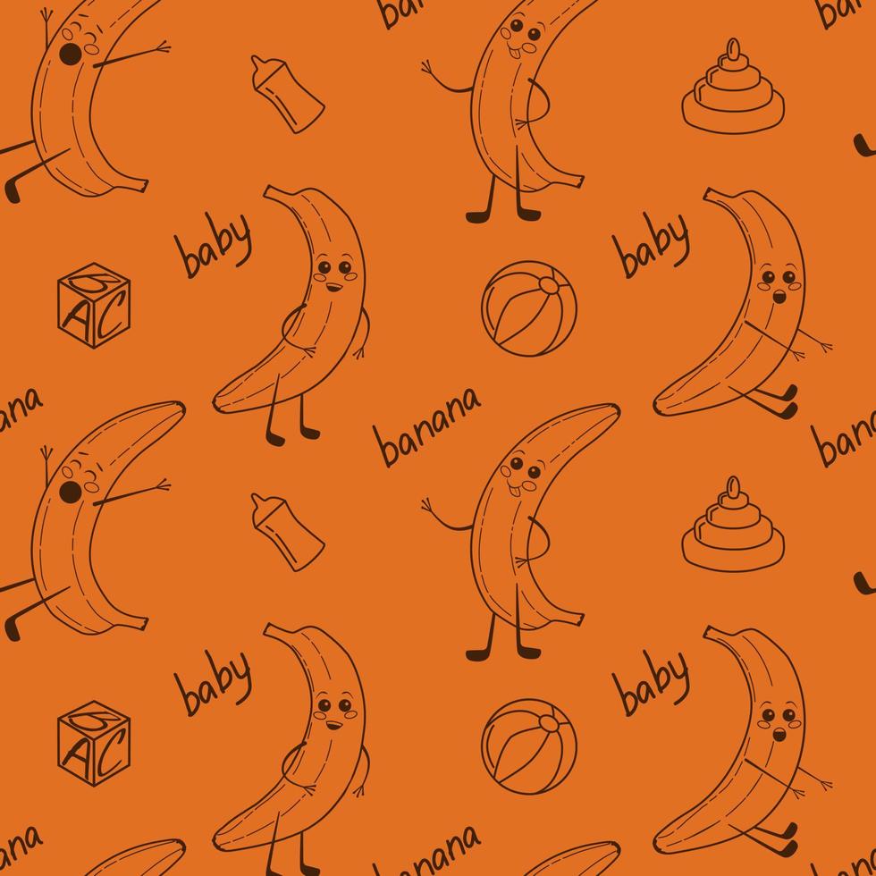 söt söt bananer vektor sömlös mönster på orange bakgrund. vektor konturer tecknad serie bebis banan upprepa bakgrund. perfekt för textil- grafik, barn design, dekor.